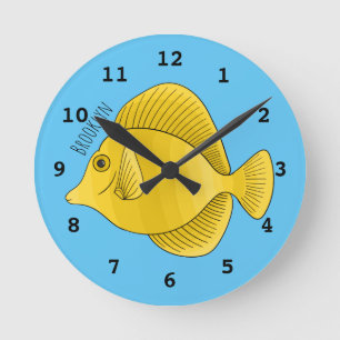 Yellow tang fish cartoon illustration round clock