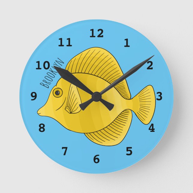 Yellow tang fish cartoon illustration  round clock (Front)