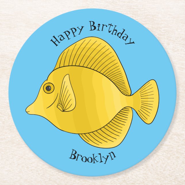 Yellow tang fish cartoon illustration  round paper coaster (Front)