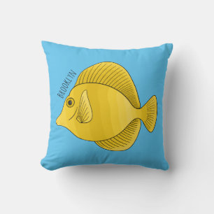 Yellow tang fish cartoon illustration throw pillow