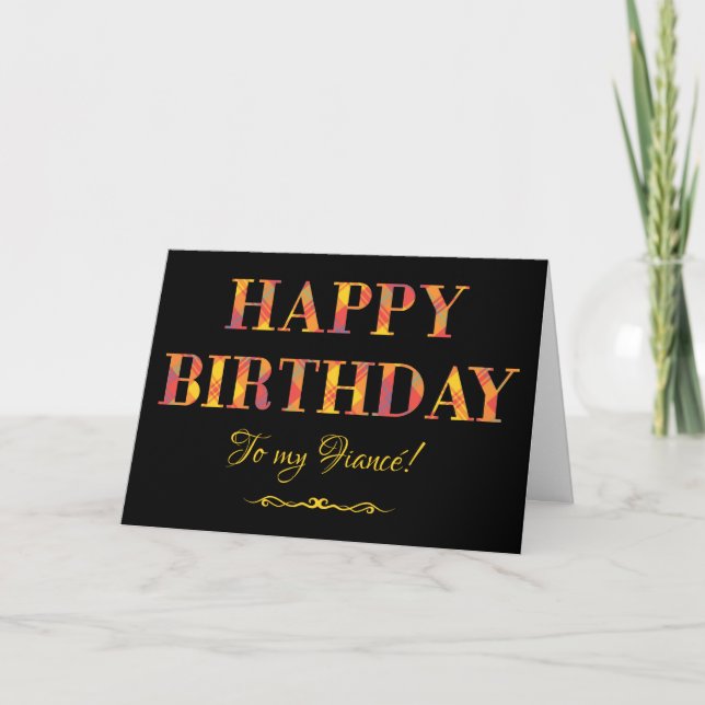 Yellow Tartan on Black Birthday Card for Fiance (Front)