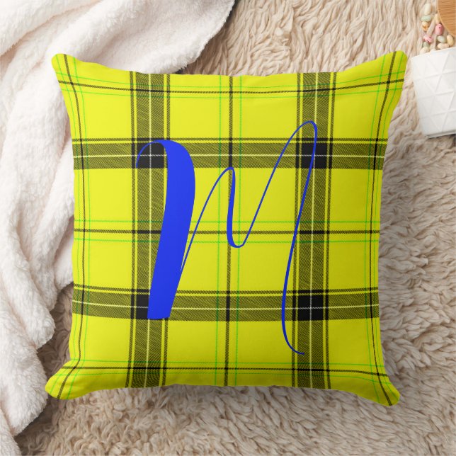 Yellow Tartan Plaid Check - Elegant Monogram  Throw Pillow (Blanket)