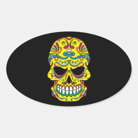 Yellow Tattoo Mexican Sugar Skull Oval Sticker