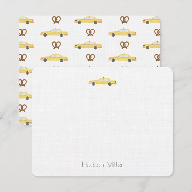 Yellow Taxi Cab and Pretzel NYC Thank You Note Card (Front/Back)