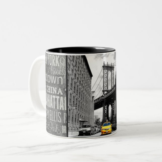 Yellow Taxi Cab by Manhattan Bridge New York City Two-Tone Coffee Mug (Front Left)