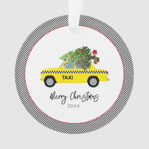 Yellow Taxi Cab Checkerboard Merry Christmas Tree Ornament
