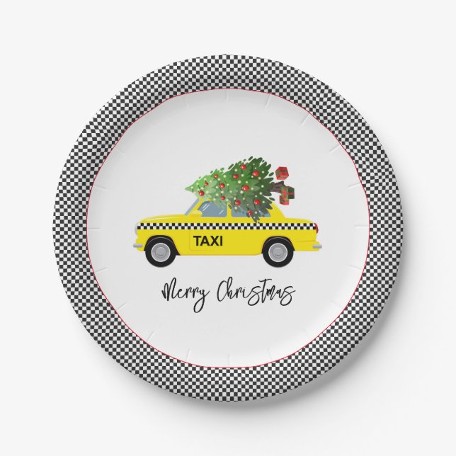 Yellow Taxi Cab Checkerboard Merry Christmas Tree  Paper Plates (Front)