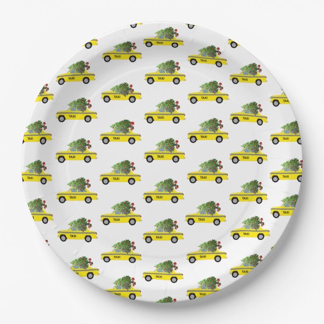 Yellow Taxi Cab Christmas Tree Festive Holiday NYC Paper Plates (Front)