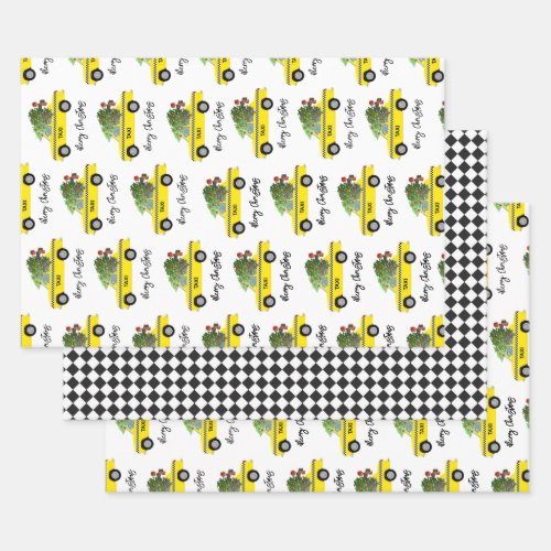 Yellow Taxi Cab Christmas Tree Festive Holiday  Wrapping Paper Sheets