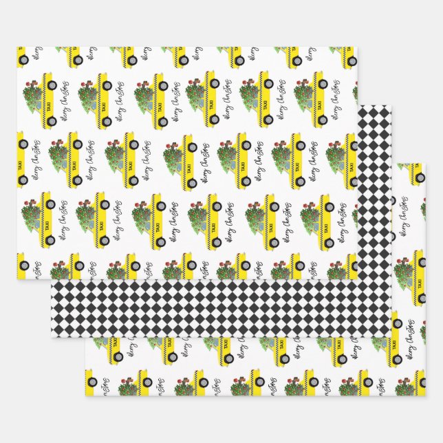 Yellow Taxi Cab Christmas Tree Festive Holiday  Wrapping Paper Sheets (Set)