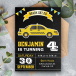 Yellow Taxi Cab Kids Birthday Party Invitation<br><div class="desc">Amaze your guests with this cool taxi theme birthday party invitation featuring a bright yellow taxi with modern typography against a chalkboard background. Simply add your event details on this easy-to-use template to make it a one-of-a-kind invitation. Flip the card over to reveal a vibrant yellow and black stripes pattern...</div>