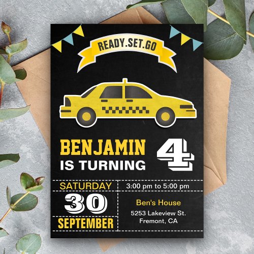 Yellow Taxi Cab Kids Birthday Party Invitation