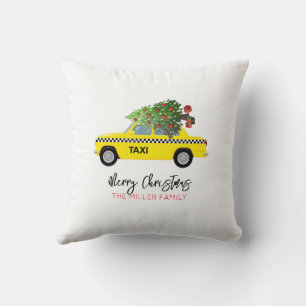 Yellow Taxi Cab MERRY CHRISTMAS Tree Family NAME Throw Pillow