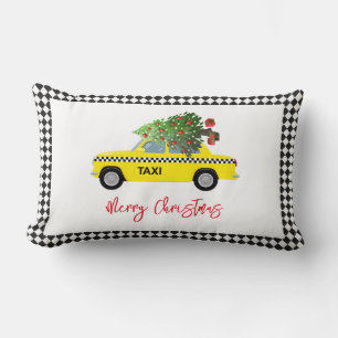 Yellow Taxi Cab Merry Christmas Tree Holiday City Lumbar Pillow
