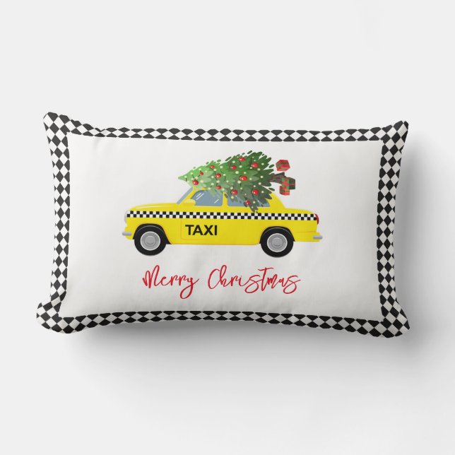Yellow Taxi Cab Merry Christmas Tree Holiday City Lumbar Pillow (Front)