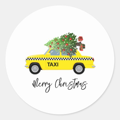 Yellow Taxi Cab Merry Christmas Tree Holiday Fun Classic Round Sticker