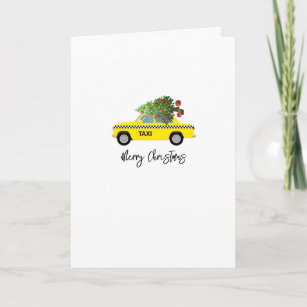 Yellow Taxi Cab Merry Christmas Tree NAME Holiday Card