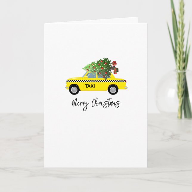 Yellow Taxi Cab Merry Christmas Tree New Year Card (Front)