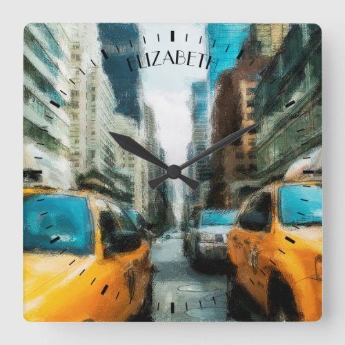 Yellow Taxi Cabs After Rain In New York City Square Wall Clock
