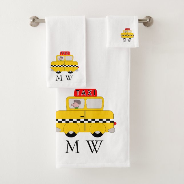 Yellow Taxi Design Monogrammed Bath Towel Set (Insitu)