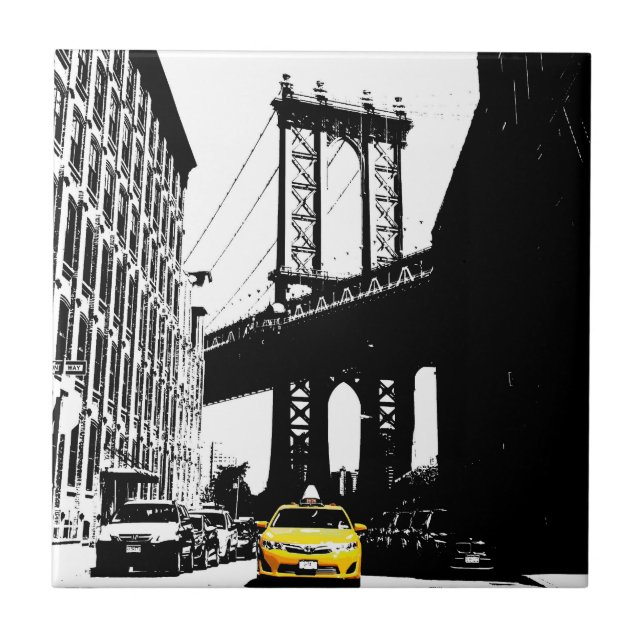 Yellow Taxi New York City Ny Nyc Brooklyn Bridge Ceramic Tile (Front)