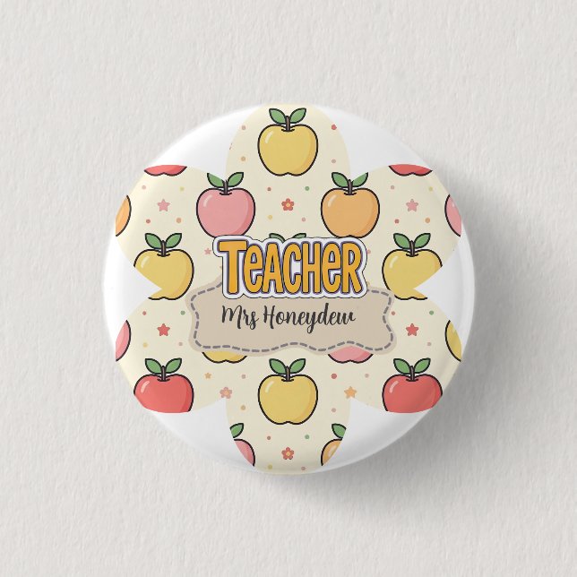 Yellow Teacher School Apple Pattern  Button (Front)
