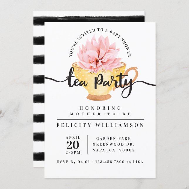 Yellow Teacup Tea Party Baby Shower Invitation (Front/Back)