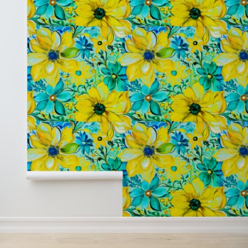 Yellow Teal Blue Floral Pattern Colorful Boho Chic Wallpaper