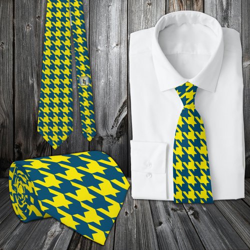 Yellow  Teal Blue Large Pattern Houndstooth Neck Tie