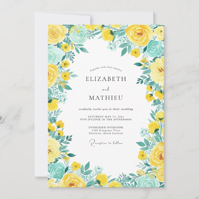 Yellow Teal Bright Spring Wedding Invitation (Front)