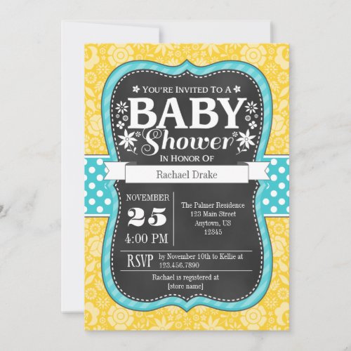Yellow Teal Chalkboard Floral Baby Shower Invite