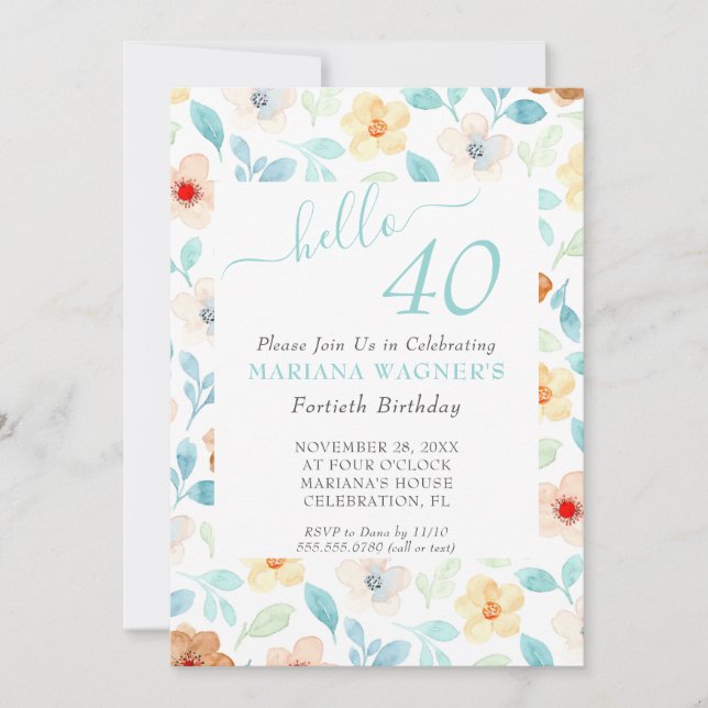Yellow Teal Floral Elegant Script 40th Birthday Invitation (Front)