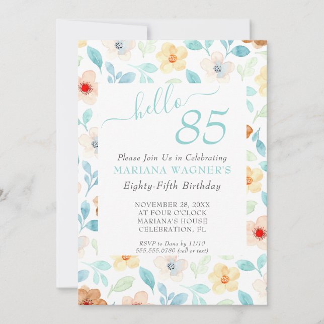 Yellow Teal Floral Elegant Script 85th Birthday  Invitation (Front)