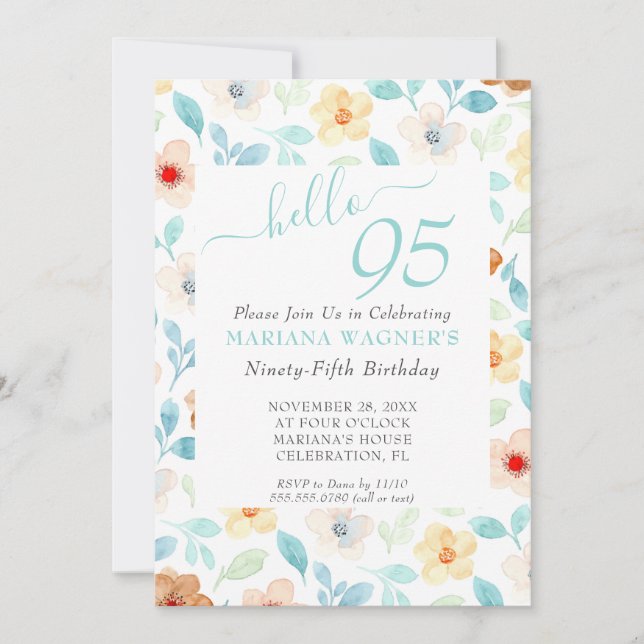 Yellow Teal Floral Elegant Script 95th Birthday Invitation (Front)