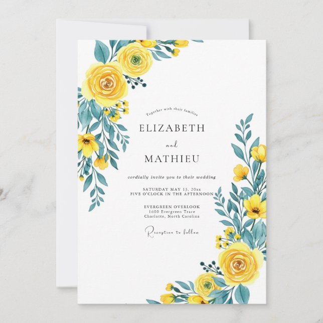 Yellow Teal Flourishing Spring Wedding Invitation (Front)