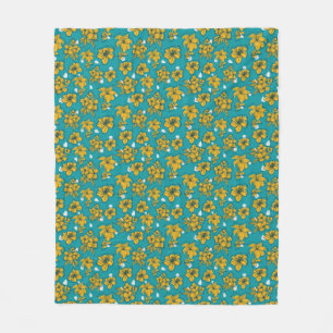 Yellow Teal Flowers Pattern Fleece Blanket