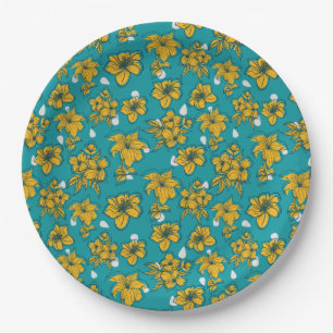 Yellow Teal Flowers Pattern Paper Plates
