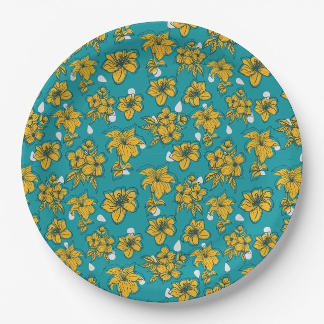 Yellow Teal Flowers Pattern Paper Plates (Front)