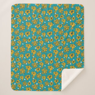 Yellow Teal Flowers Pattern Sherpa Blanket