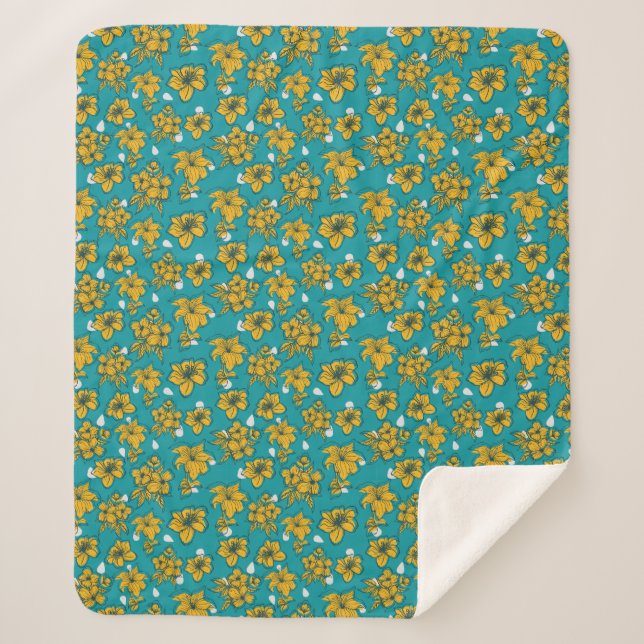 Yellow Teal Flowers Pattern Sherpa Blanket (Front)