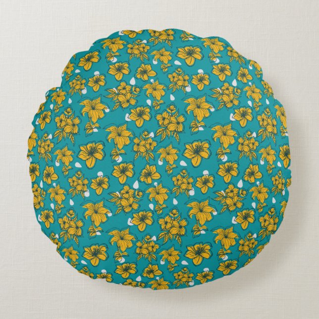 Yellow Teal Flowers Pattern Throw Pillow (Front)