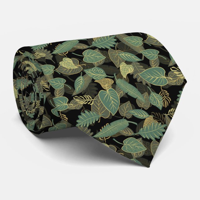 Yellow & Teal Green Autumn Fall  Leaves Pattern Neck Tie (Rolled)