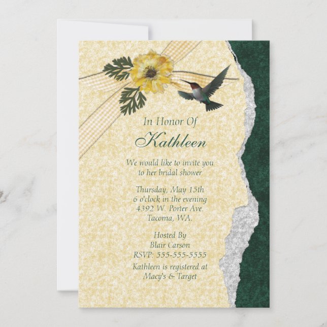 Yellow & Teal Hummingbird Bridal Shower Invitation (Front)