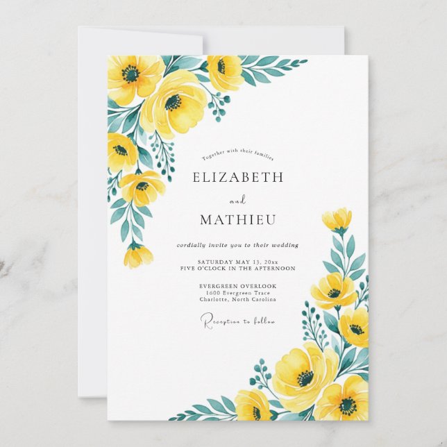 Yellow Teal Joyous Spring Wedding Invitation (Front)