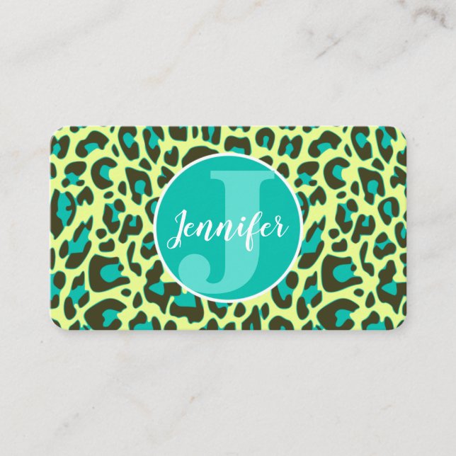 Yellow Teal Leopard Print Rockabilly Pattern Cute Business Card (Front)