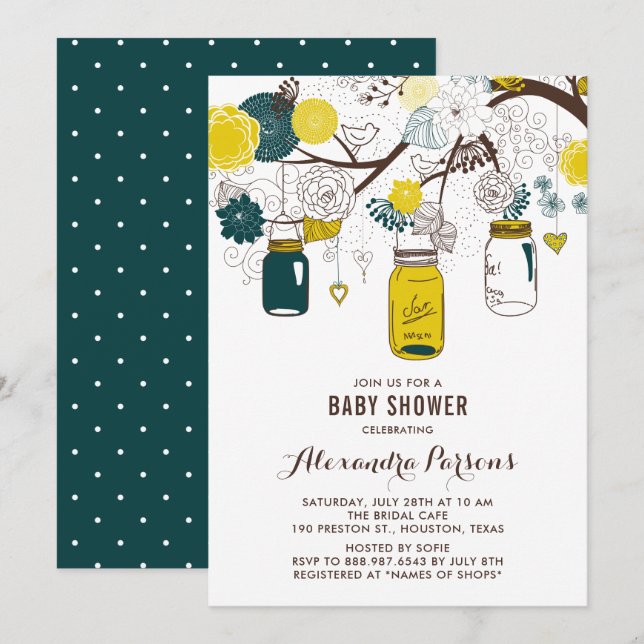 Yellow & Teal Mason Jars | Floral Baby Shower Invitation (Front/Back)