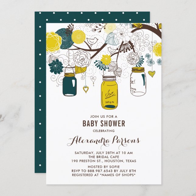 Yellow & Teal Mason Jars | Floral Baby Shower Invitation (Front/Back)
