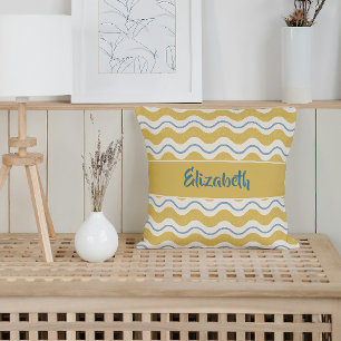 Yellow & Teal Nautical Waves Personalized Coastal Throw Pillow