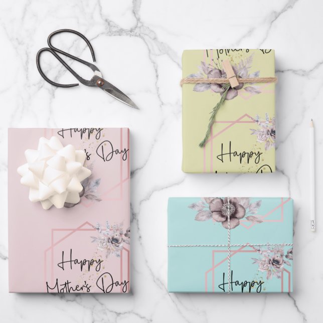 Yellow Teal Pink Floral Mother's Day   Wrapping Paper Sheets (Front)