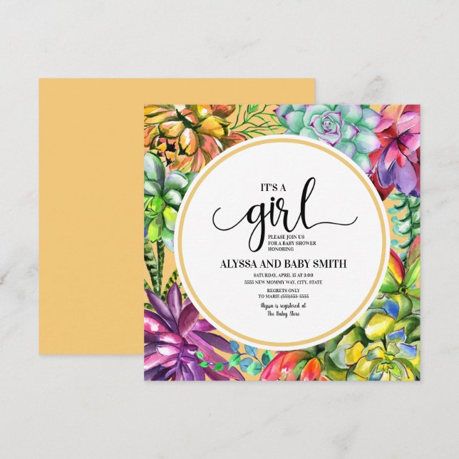 Yellow Teal Purple Succulents Baby Girl Shower Invitation (Front/Back)